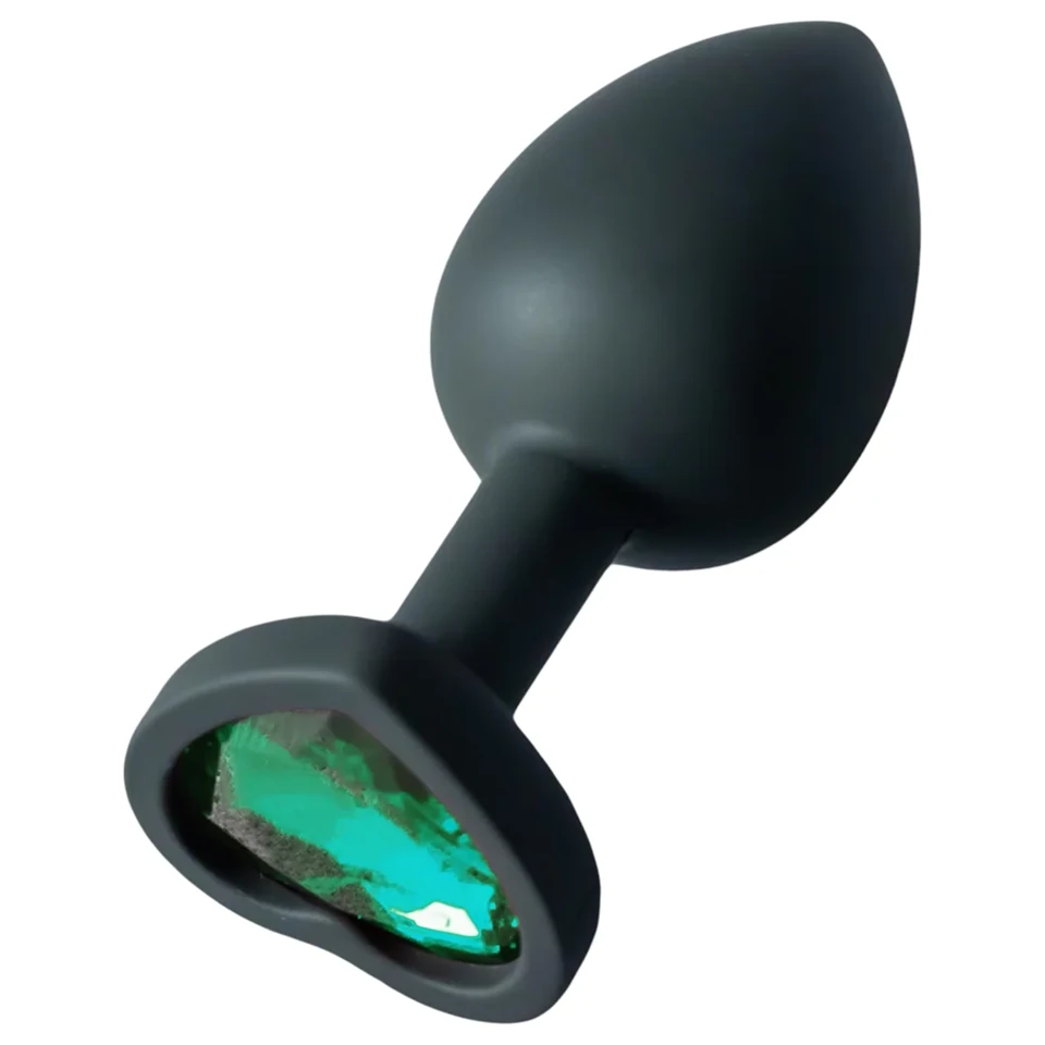 Sunfo - szilikon anál plug szív alakú sötét zöld kővel (fekete)