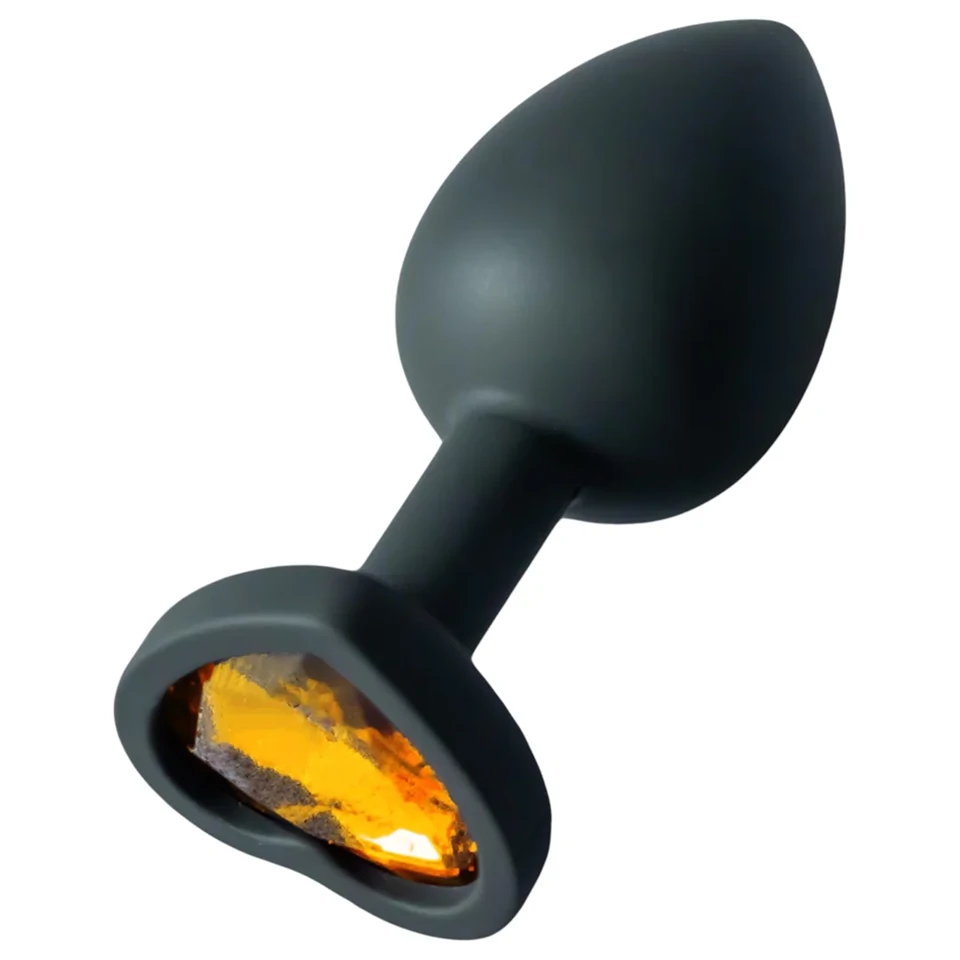 Sunfo - szilikon anál plug szív alakú arany kővel (fekete)