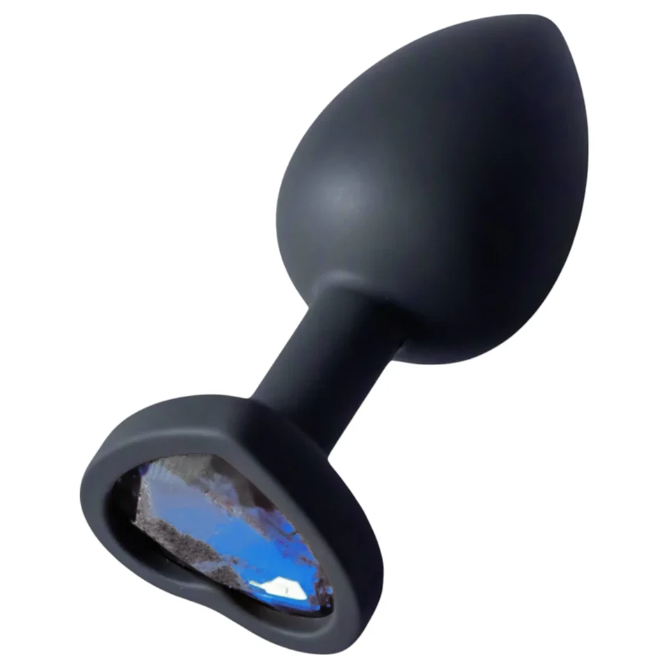 Sunfo - szilikon anál plug szív alakú sötét kék kővel (fekete)